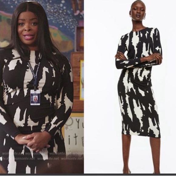 H&M Black White Abstract Print Ruched Midi Dress Long Sleeve Small - Picture 2 of 5